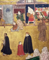 Portugiserne ankom til Japan, detalje af butikker fra en Namban Byobu-skærm, 1594-1618